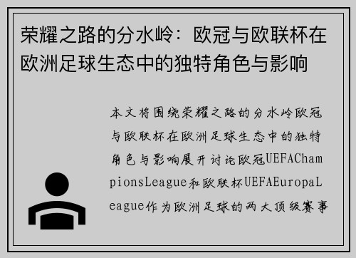 荣耀之路的分水岭：欧冠与欧联杯在欧洲足球生态中的独特角色与影响
