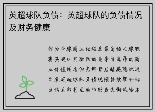 英超球队负债：英超球队的负债情况及财务健康
