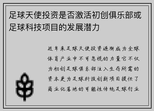 足球天使投资是否激活初创俱乐部或足球科技项目的发展潜力
